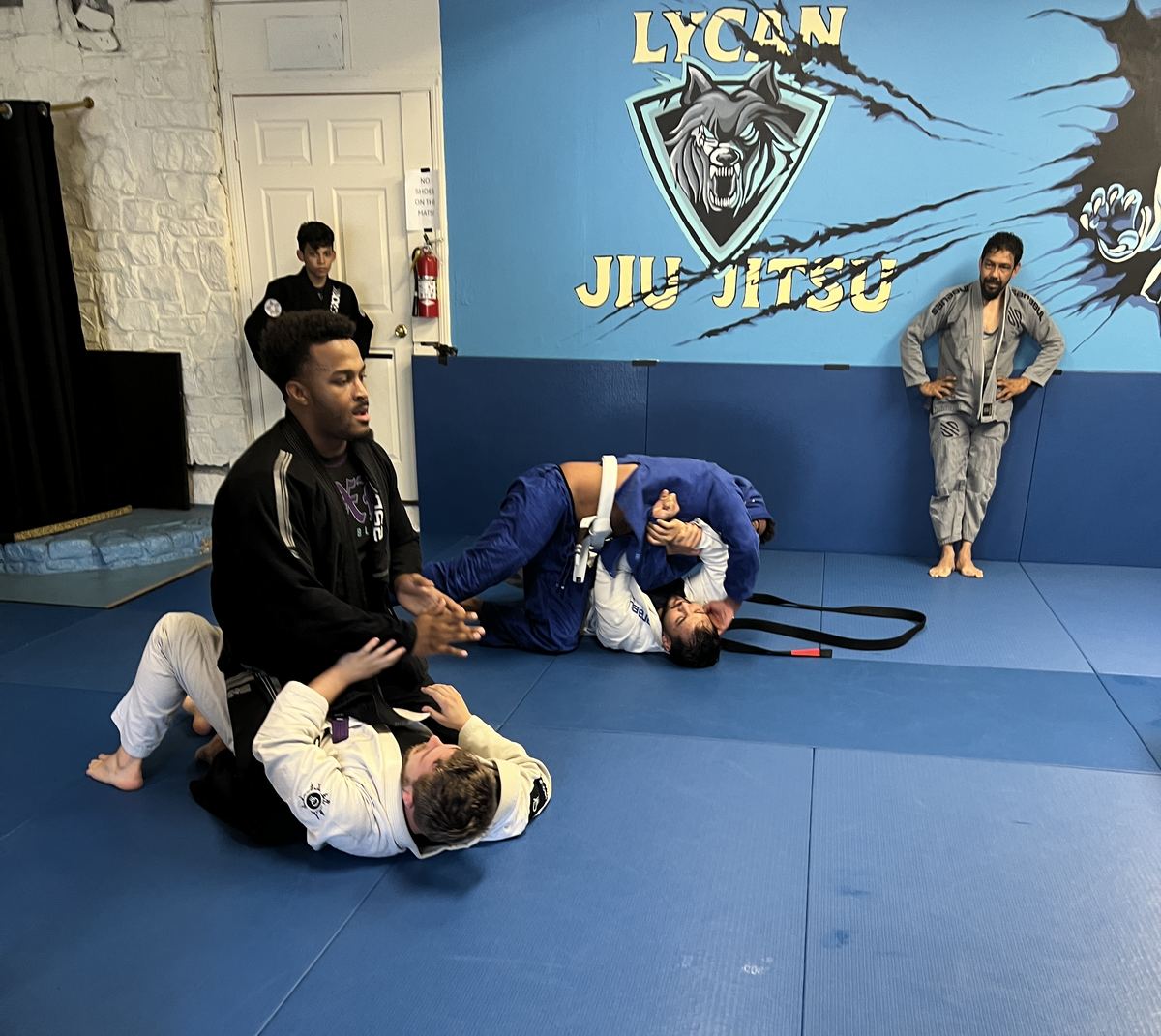 A coach in a black gi passes a partner's guard on the blue mats while another pair rolls in front of the Lycan Jiu Jitsu mural.